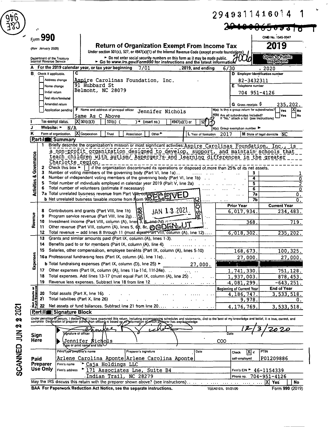 Image of first page of 2019 Form 990 for Aspire Carolinas Foundation