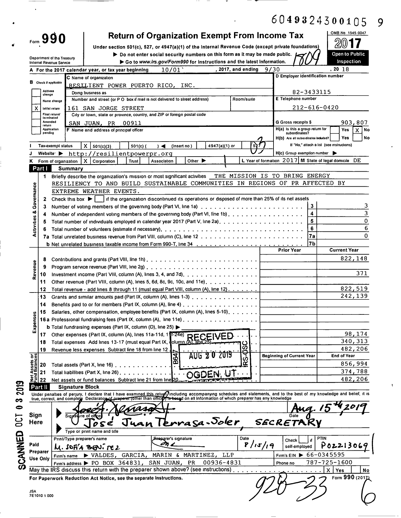 Image of first page of 2017 Form 990 for Resilient Power Puerto Rico