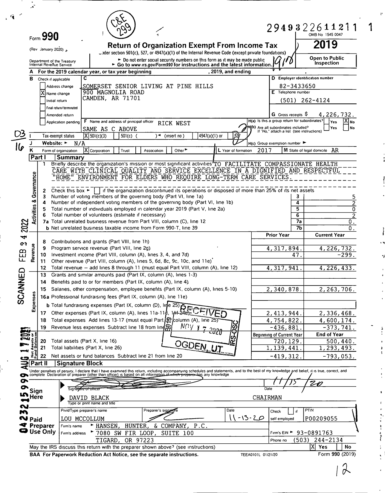 Image of first page of 2019 Form 990 for Somerset Senior Living at Pine Hills