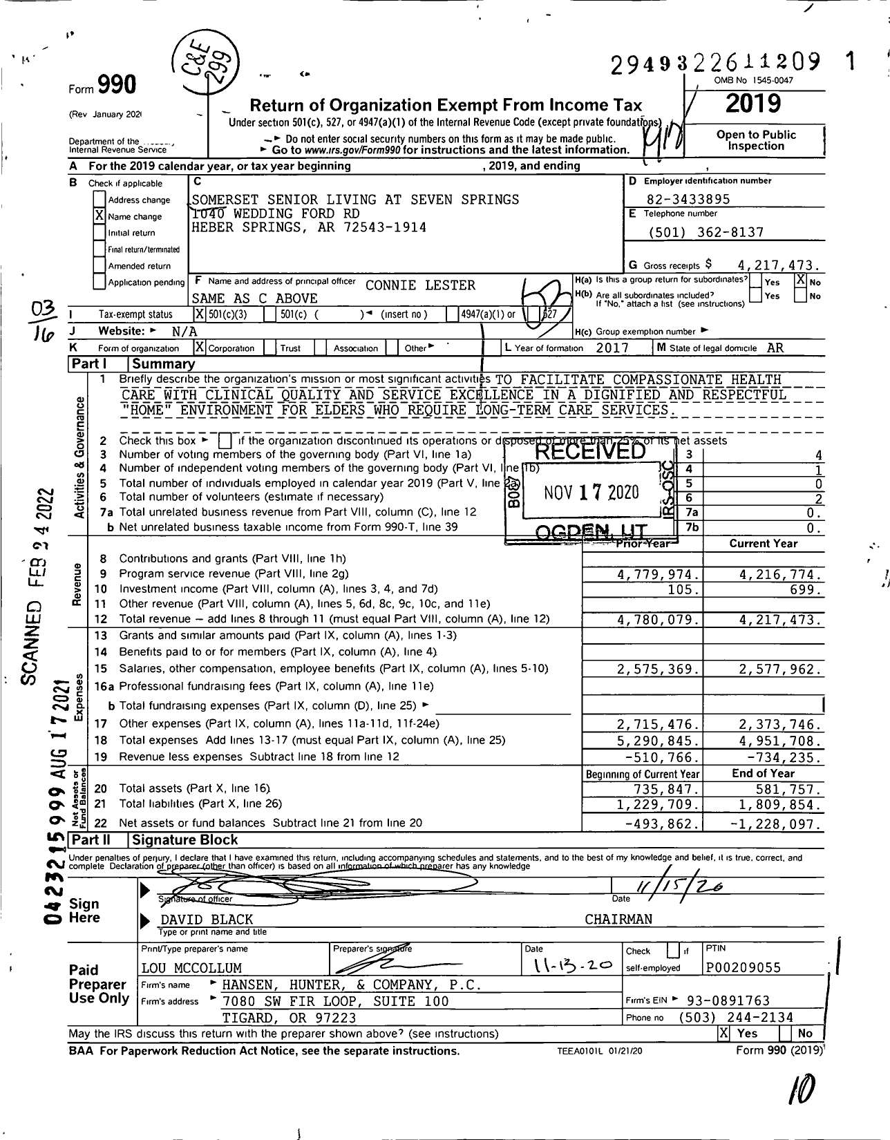 Image of first page of 2019 Form 990 for Somerset Senior Living at Seven Springs