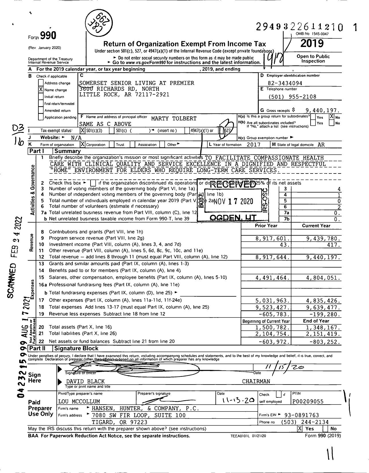 Image of first page of 2019 Form 990 for Somerset Senior Living at Premier