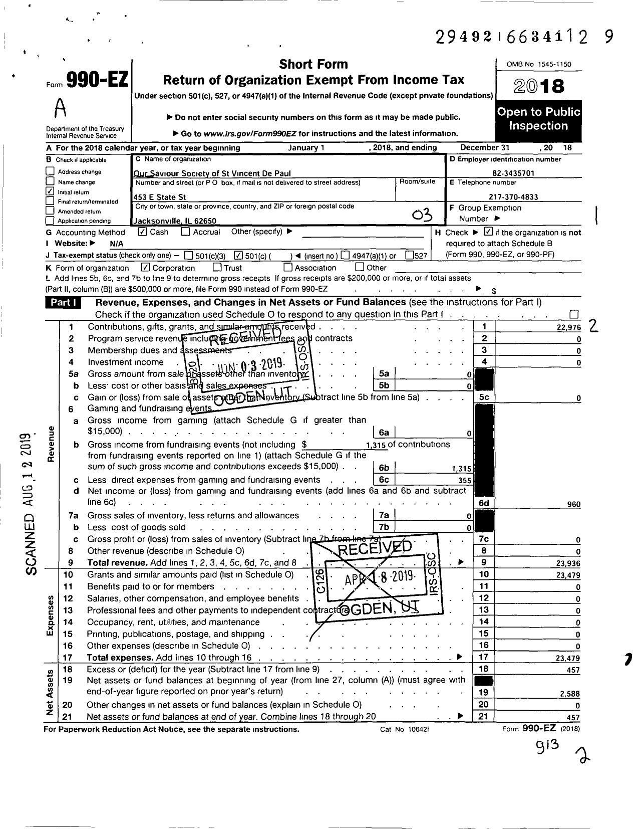 Image of first page of 2018 Form 990EZ for Our Saviour Society of St Vincent de Paul