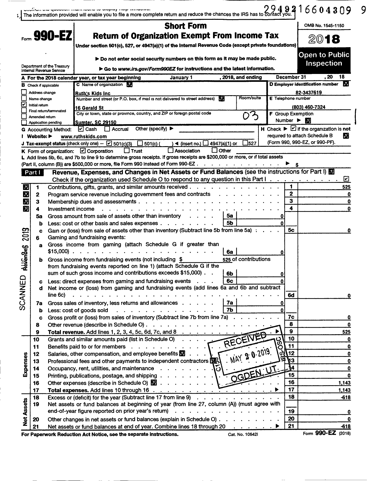 Image of first page of 2018 Form 990EZ for Ruths Kids