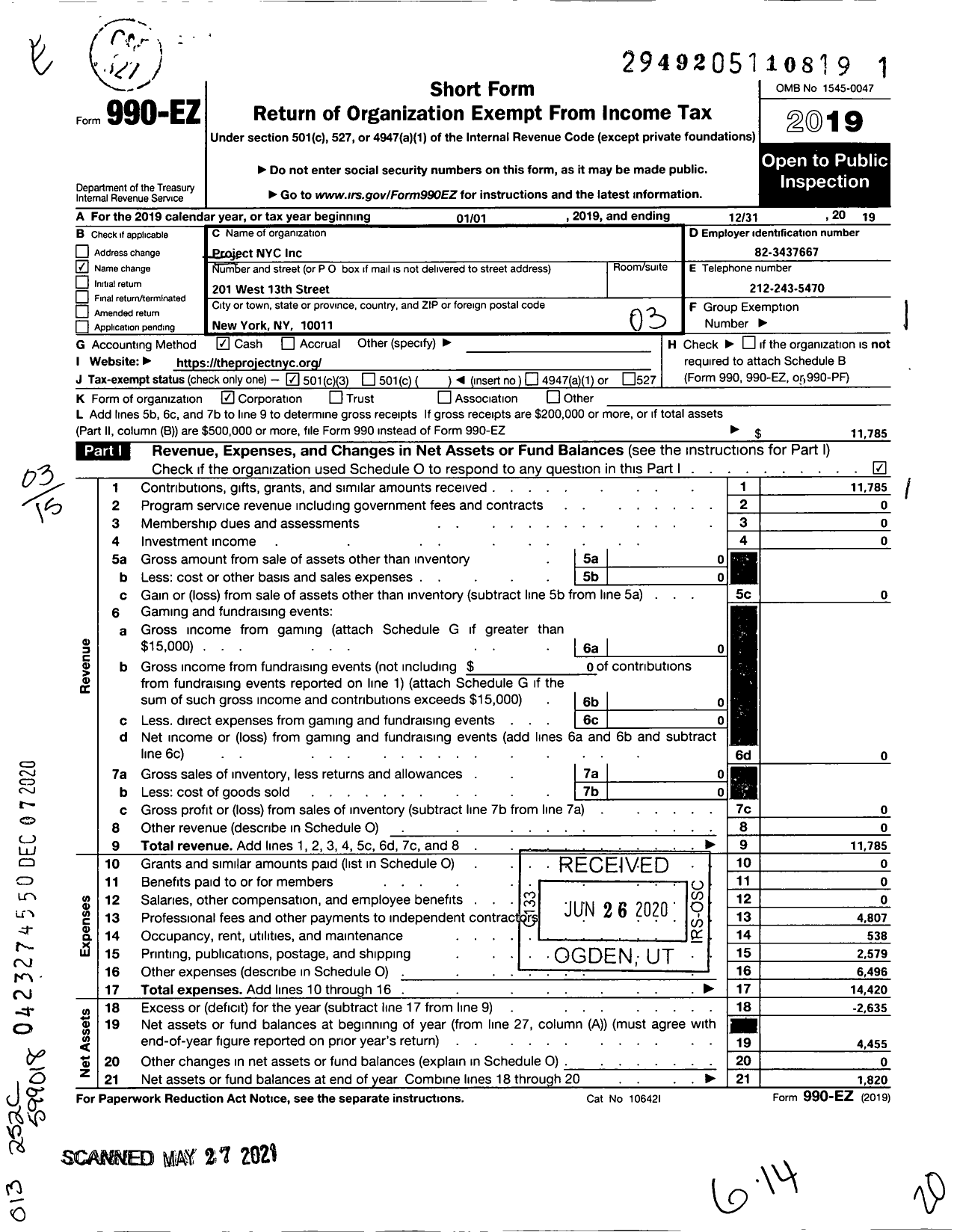 Image of first page of 2019 Form 990EZ for Project Nyc