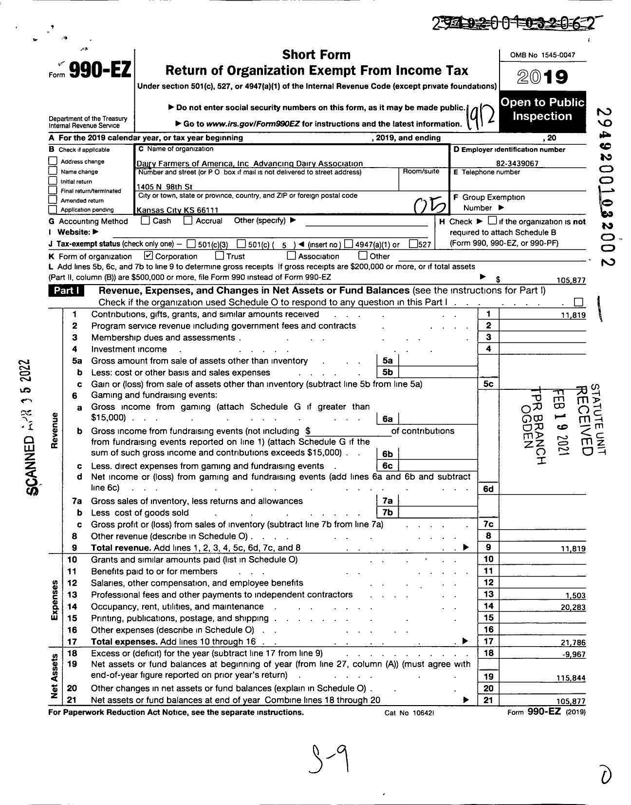 Image of first page of 2019 Form 990EO for Dairy Farmers of America Inc Advancing Dairy Association