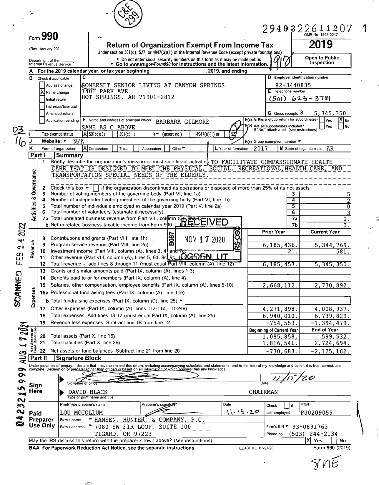 Image of first page of 2019 Form 990 for Somerset Senior Living at Canyon Springs