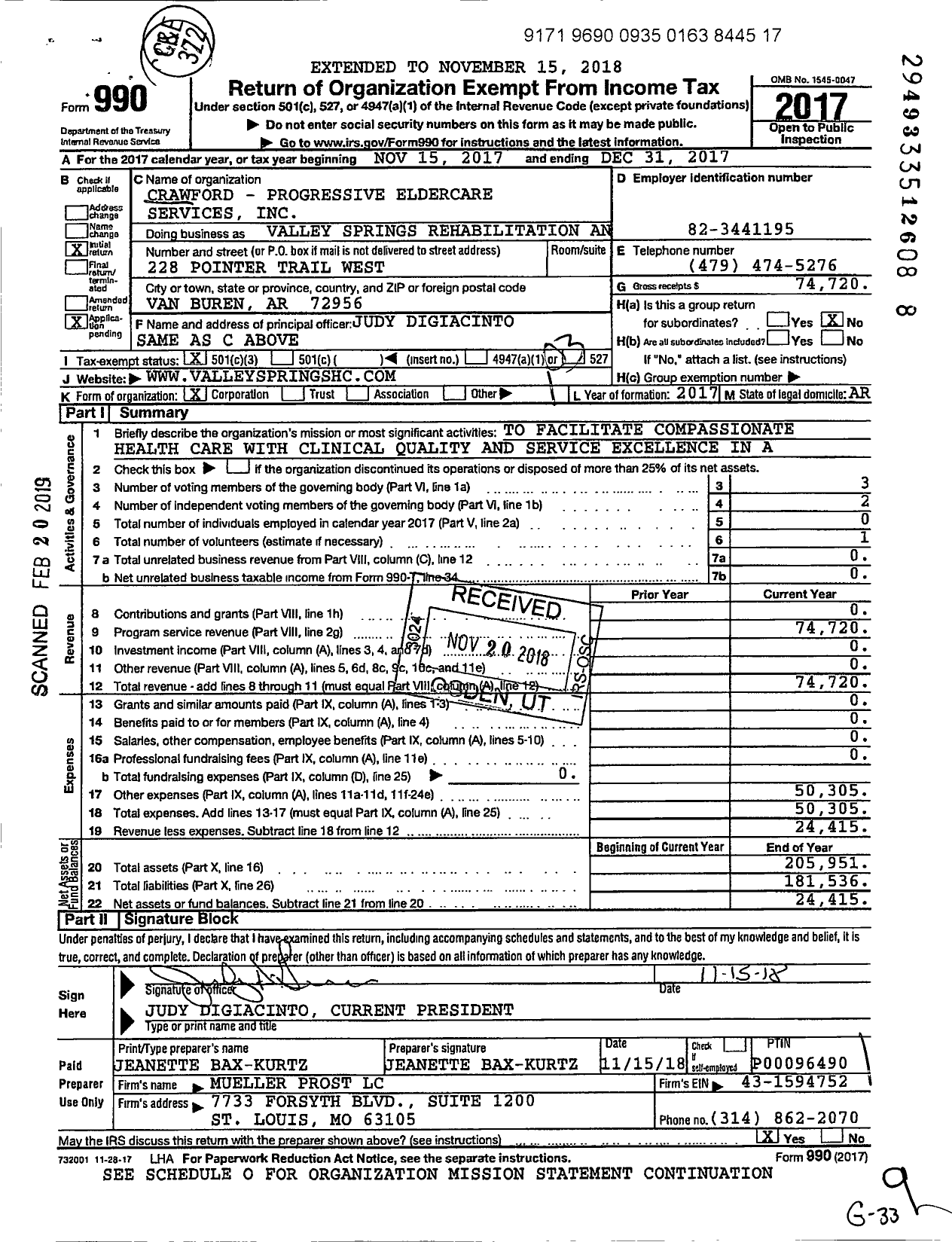 Image of first page of 2017 Form 990 for Valley Springs Rehabilitation and Health Center