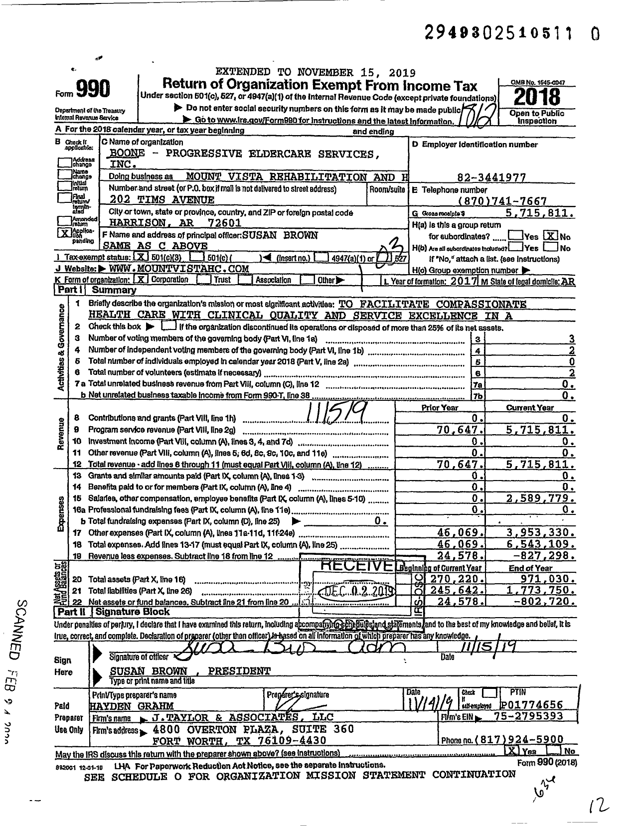Image of first page of 2018 Form 990 for Somerset Senior Living at Mount Vista