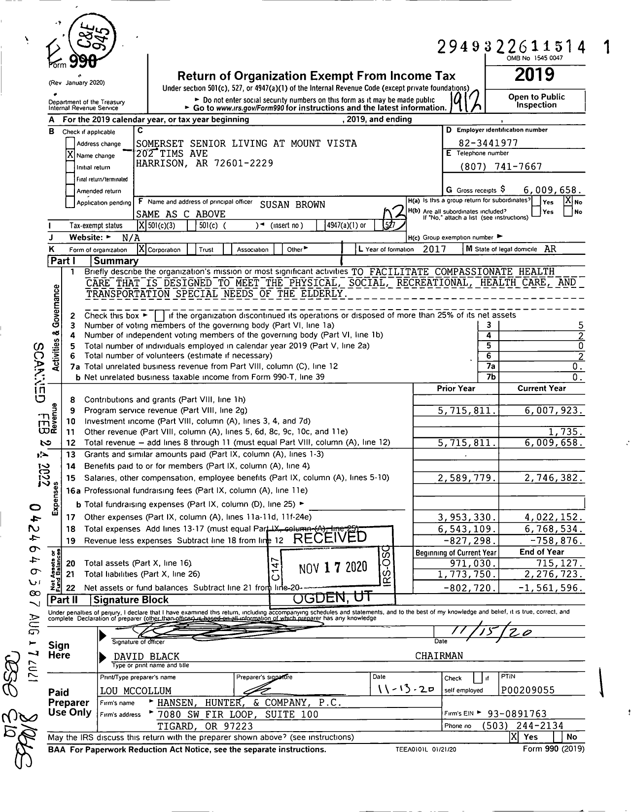 Image of first page of 2019 Form 990 for Somerset Senior Living at Mount Vista