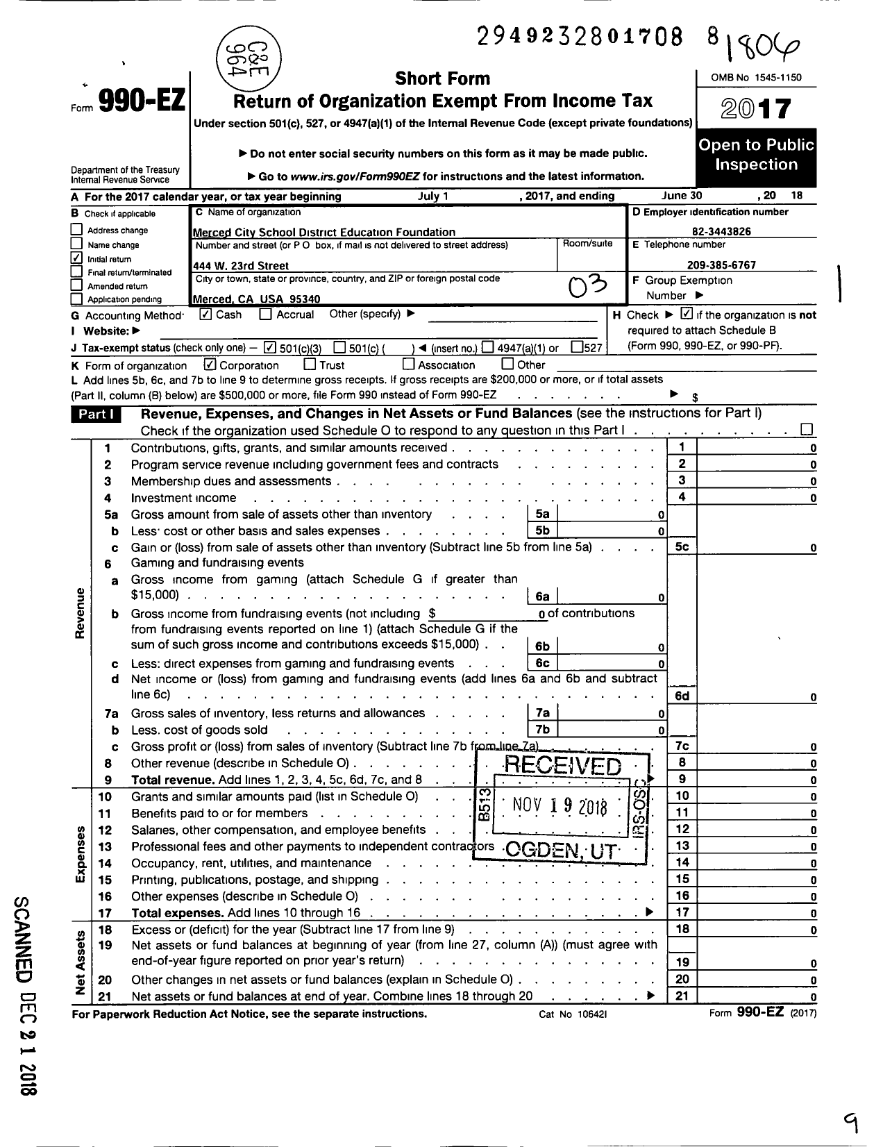 Image of first page of 2017 Form 990EZ for Merced City School District Education Foundation