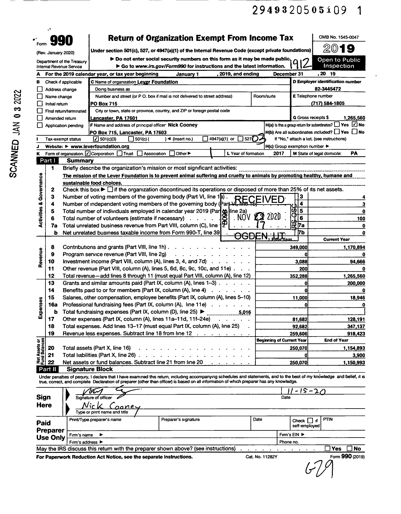 Image of first page of 2019 Form 990 for Lever Foundation