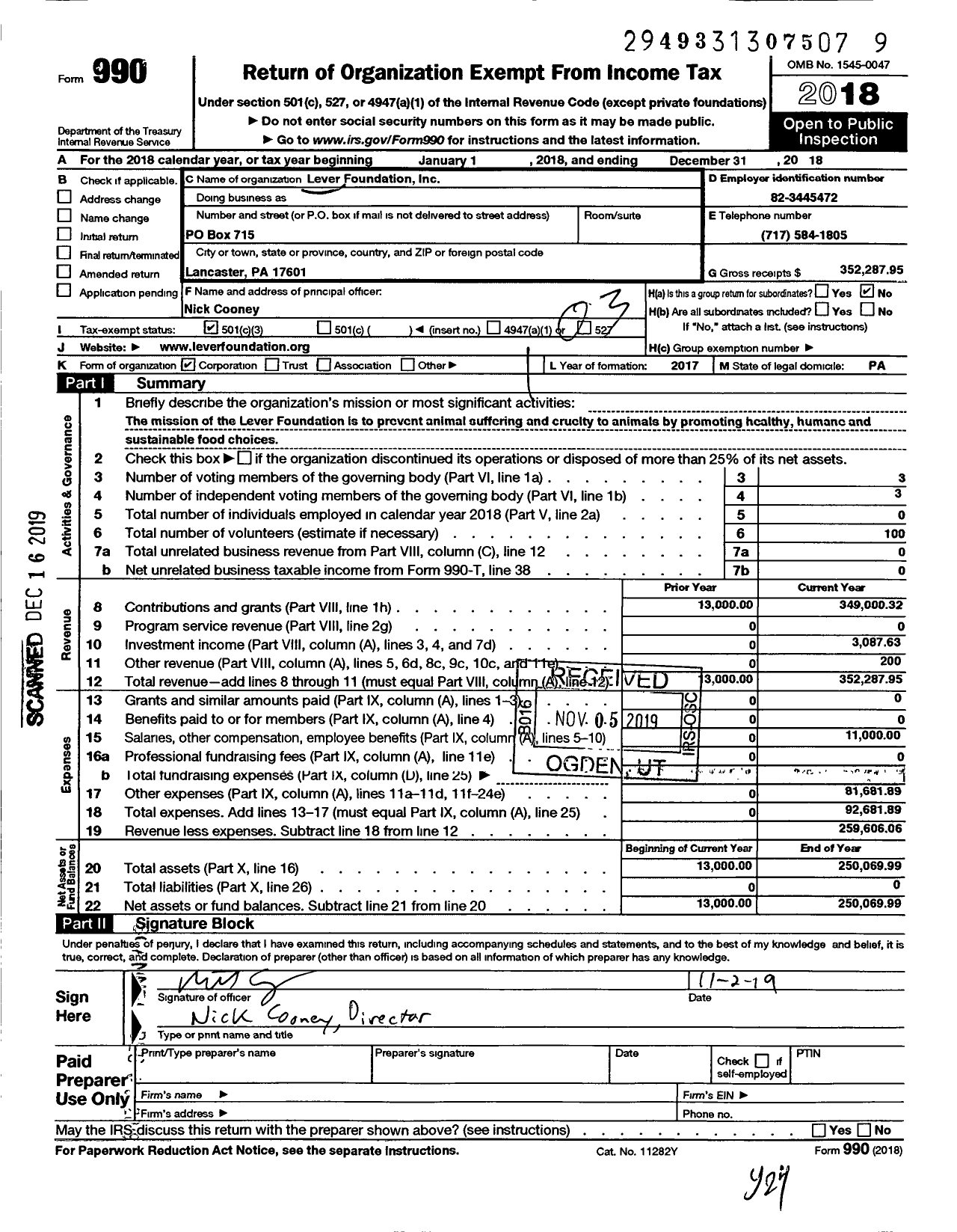 Image of first page of 2018 Form 990 for Lever Foundation