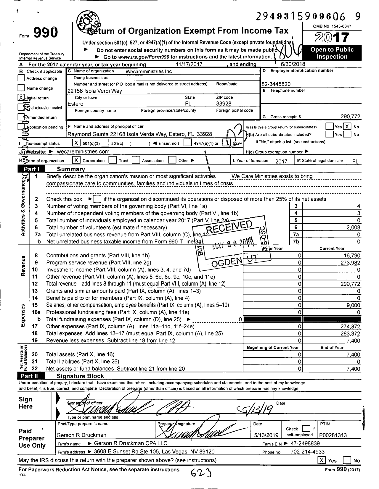 Image of first page of 2017 Form 990 for Wecareministries