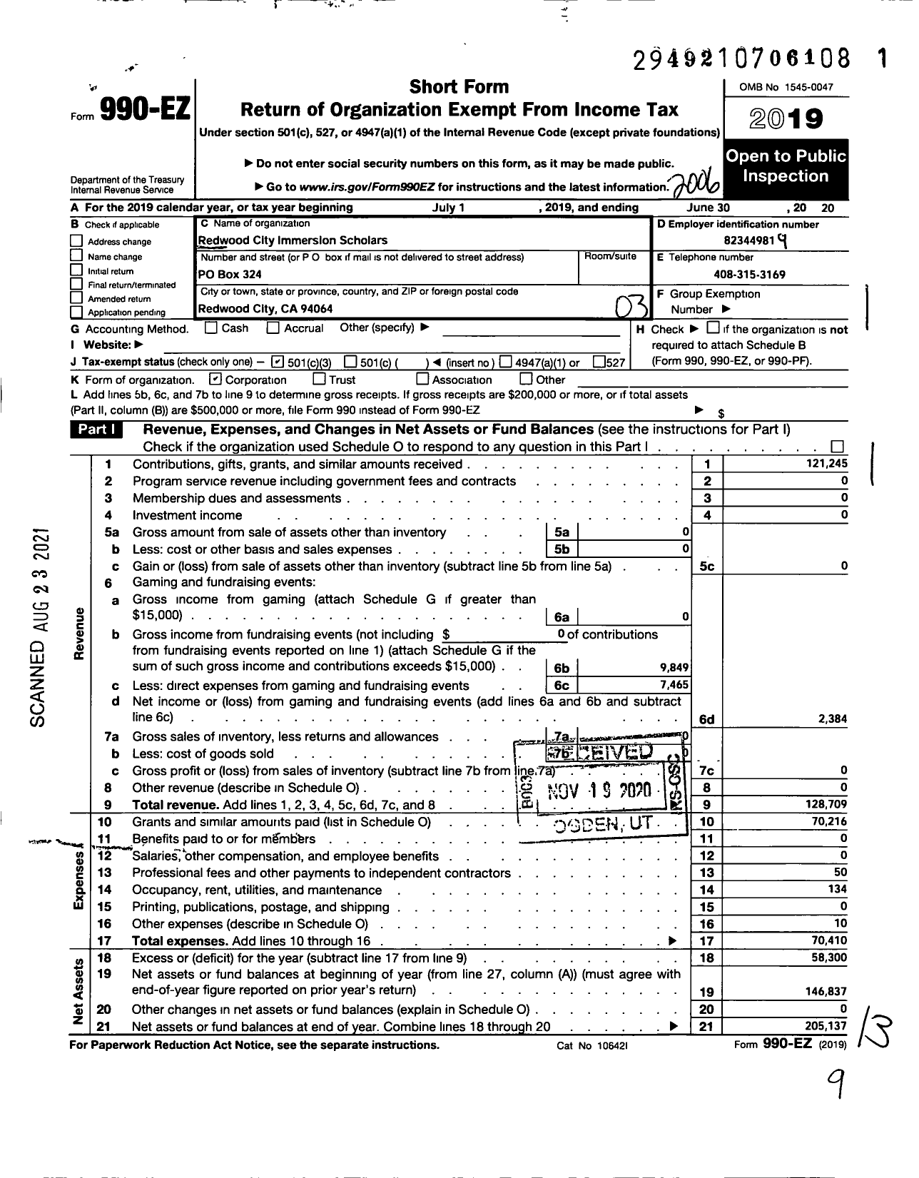 Image of first page of 2019 Form 990EZ for Redwood City Mandarin Immersion Scholars