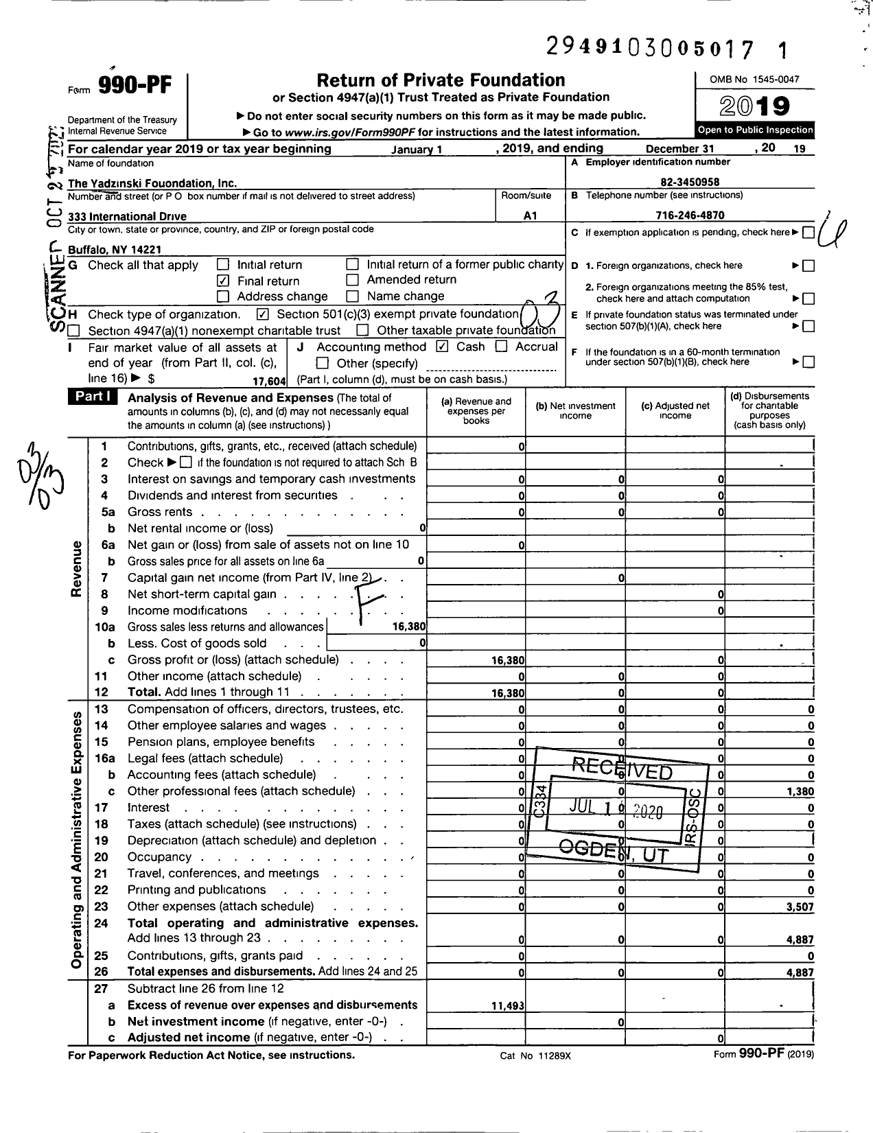 Image of first page of 2019 Form 990PF for The Yadzinski Foundation