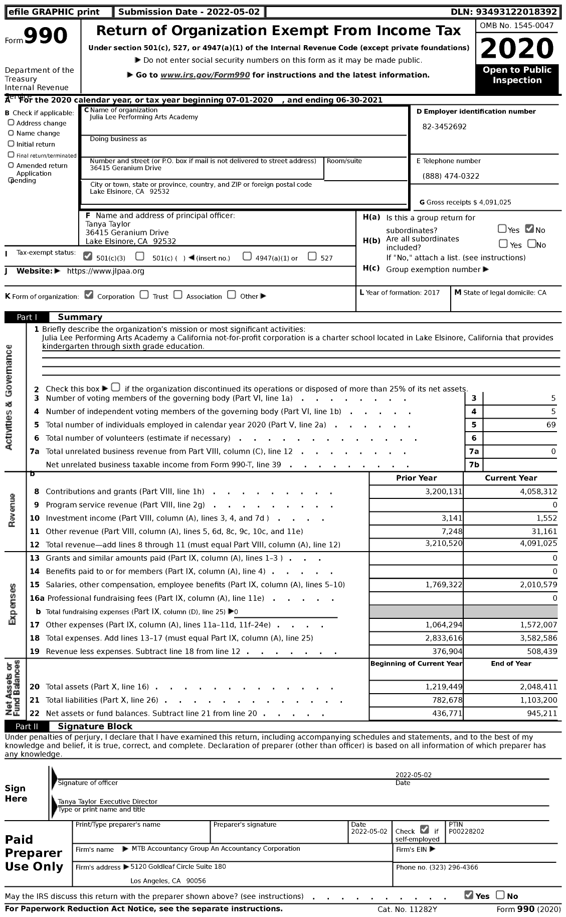 Image of first page of 2020 Form 990 for Julia Lee Performing Arts Academy