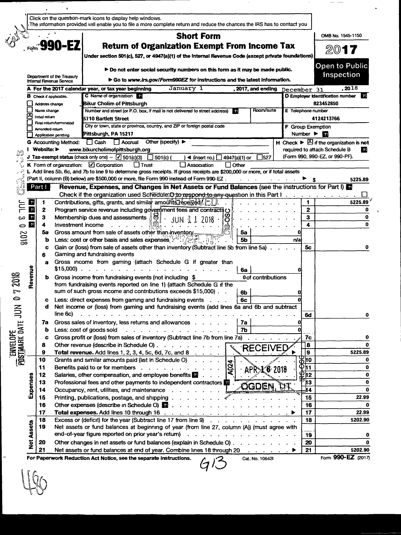 Image of first page of 2018 Form 990EZ for Bikur Cholim of Pittsburgh