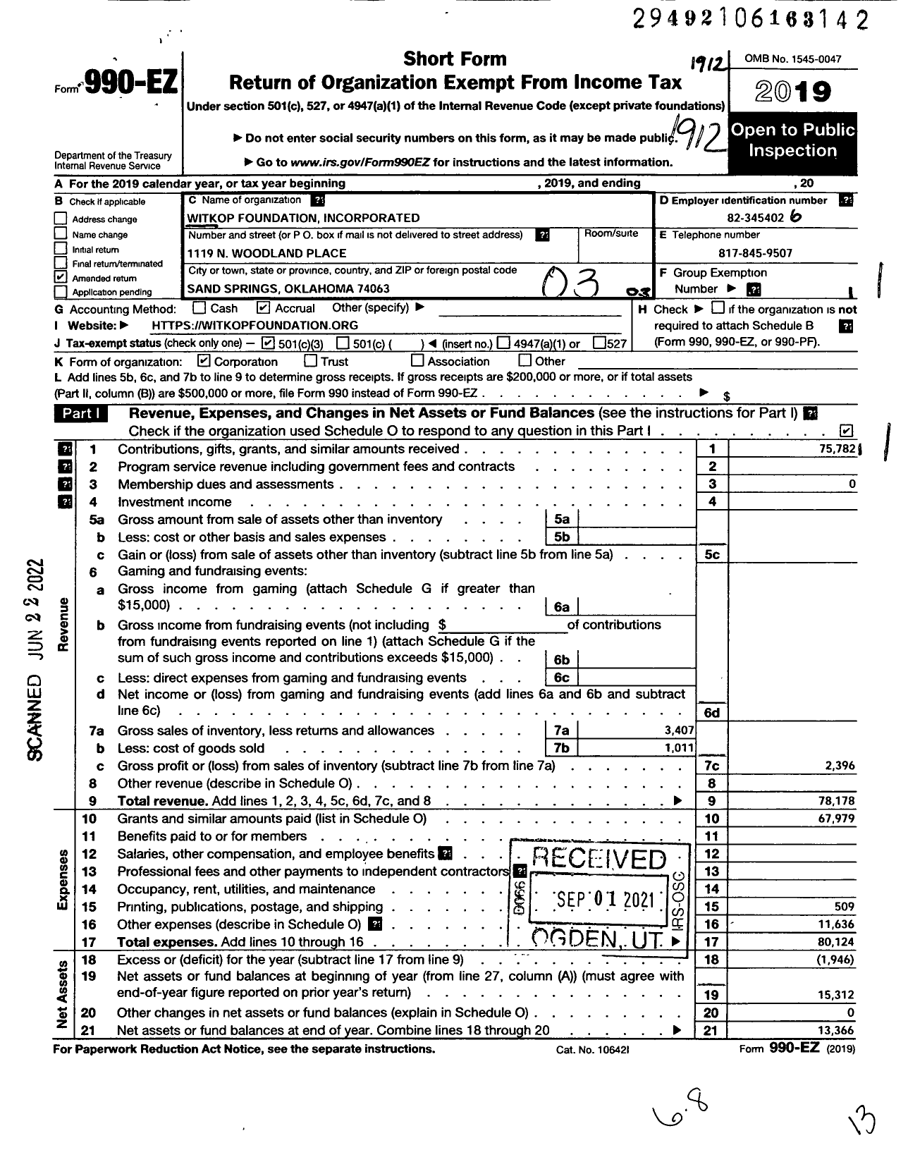 Image of first page of 2019 Form 990EZ for Witkop Foundation Incorporated