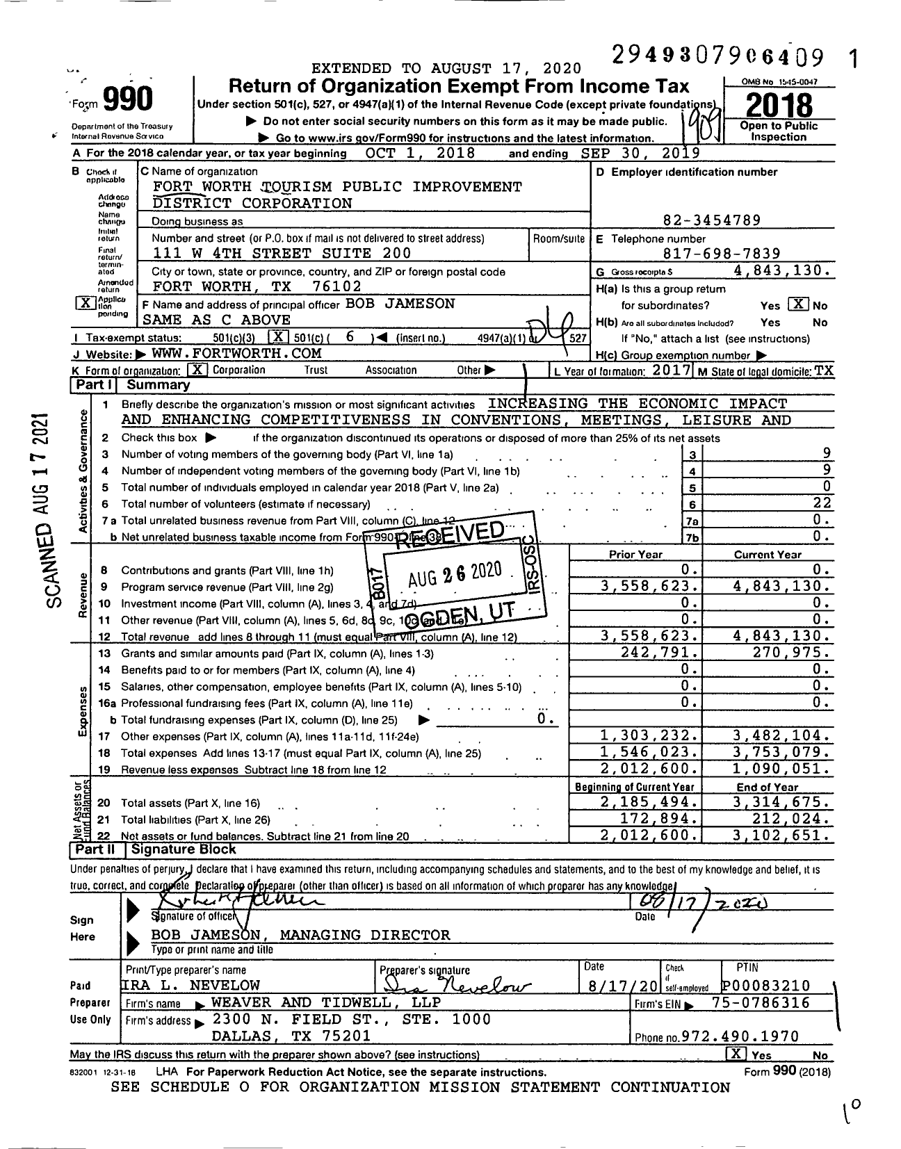 Image of first page of 2018 Form 990O for Fort Worth Tourism Public Improvement District Corporation