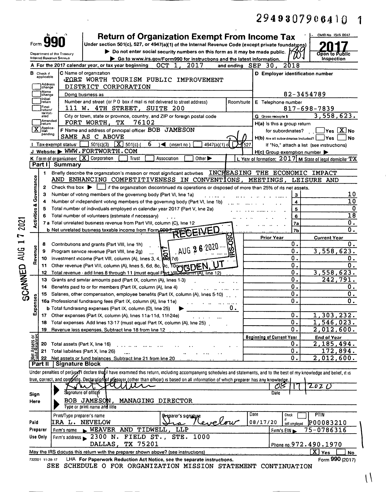 Image of first page of 2017 Form 990O for Fort Worth Tourism Public Improvement District Corporation