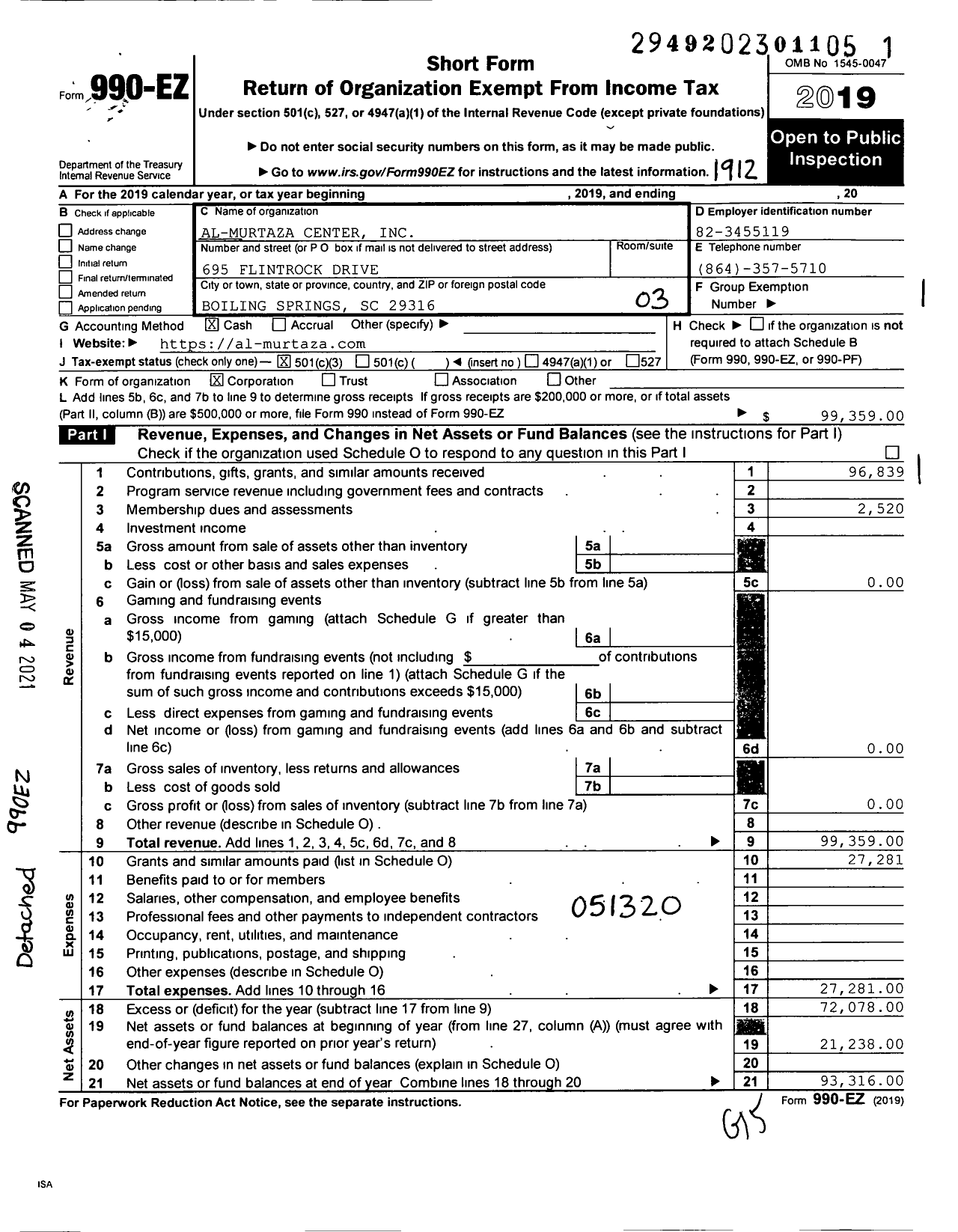 Image of first page of 2019 Form 990EZ for Al-Murtaza Center