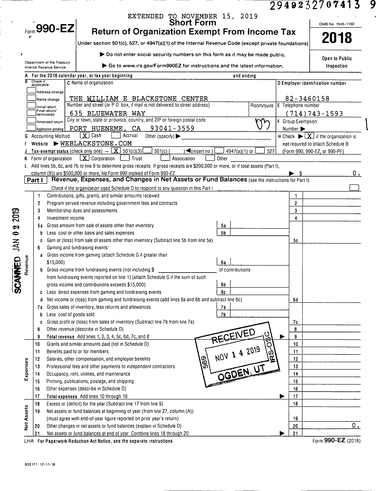 Image of first page of 2018 Form 990EZ for William E Blackstone Center