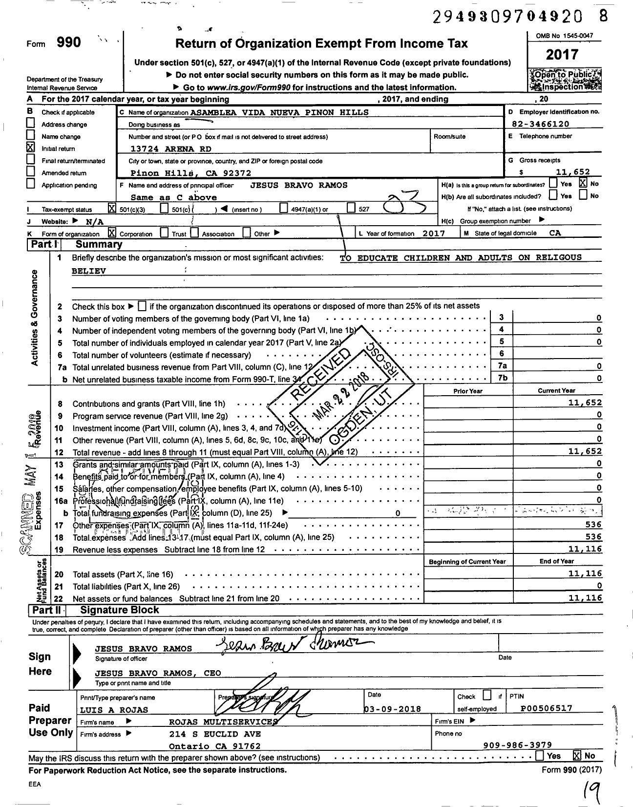 Image of first page of 2017 Form 990 for Asamblea Vida Nueva Pinon Hills