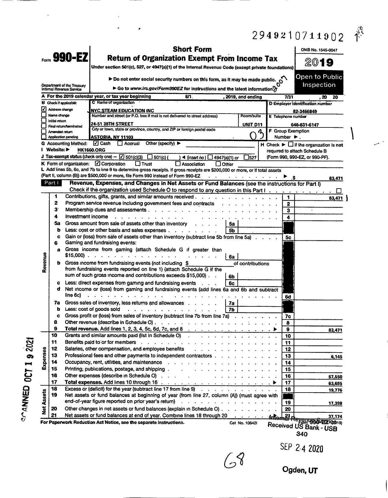 Image of first page of 2019 Form 990EZ for Nyc Steam Education