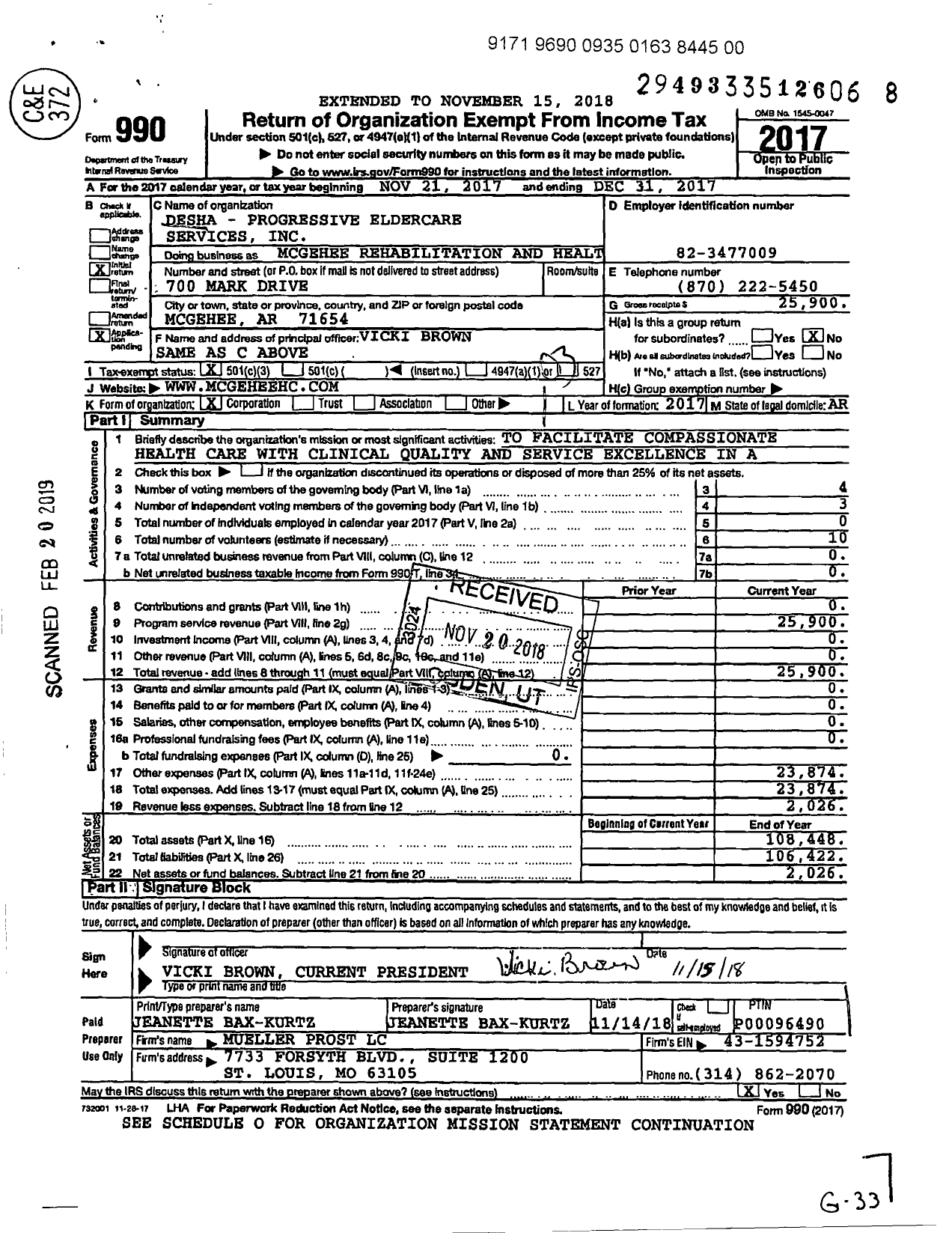 Image of first page of 2017 Form 990 for Somerset Senior Living at McGehee