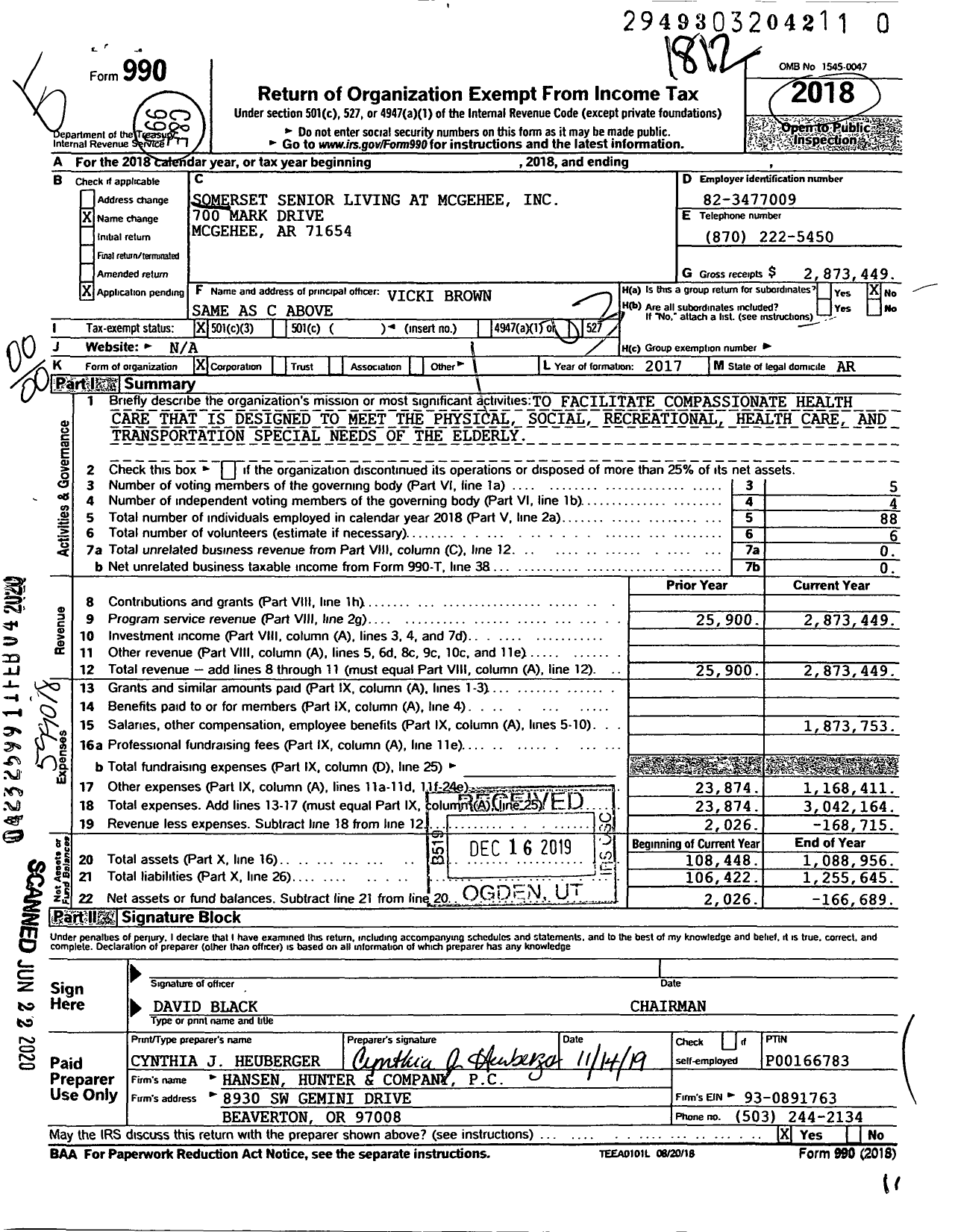 Image of first page of 2018 Form 990O for Somerset Senior Living at McGehee