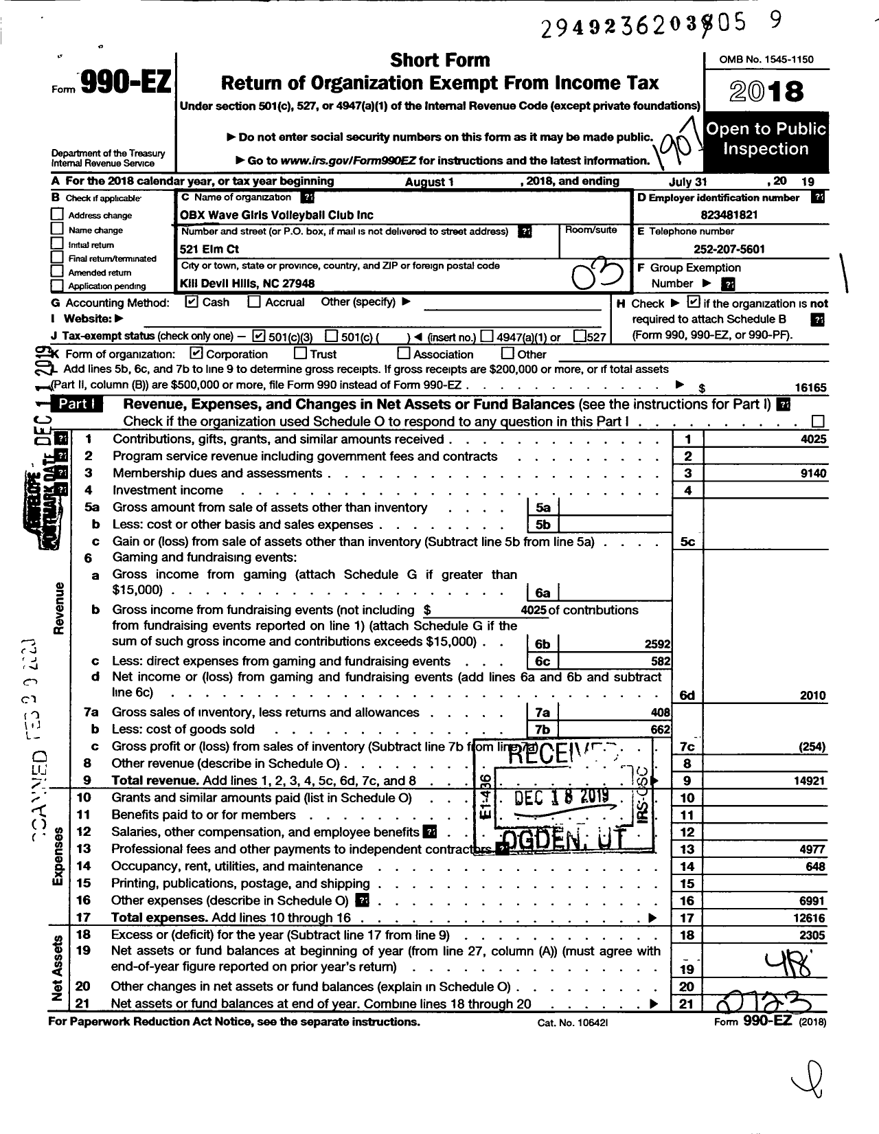 Image of first page of 2018 Form 990EZ for OBX Wave Girls Volleyball Club