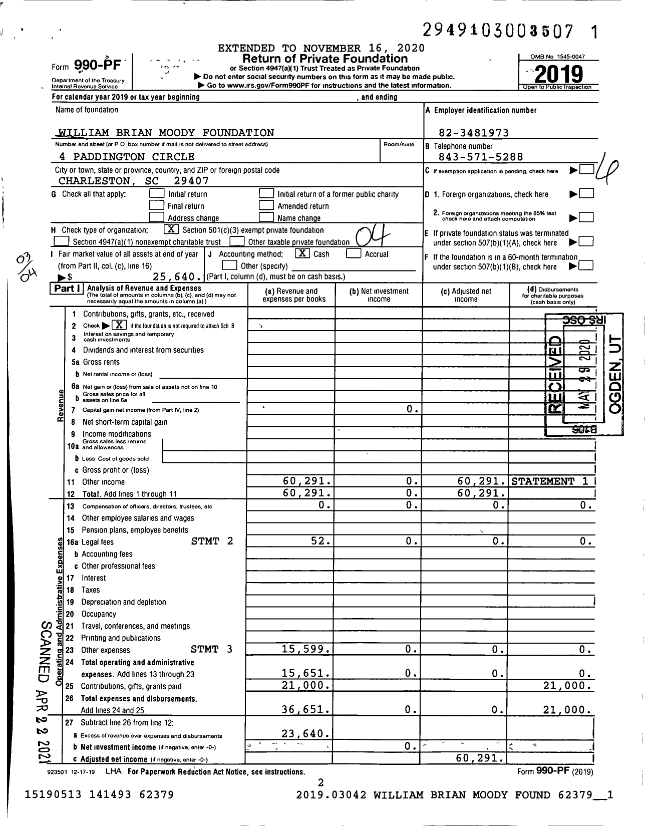 Image of first page of 2019 Form 990PF for William Brian Moody Foundation