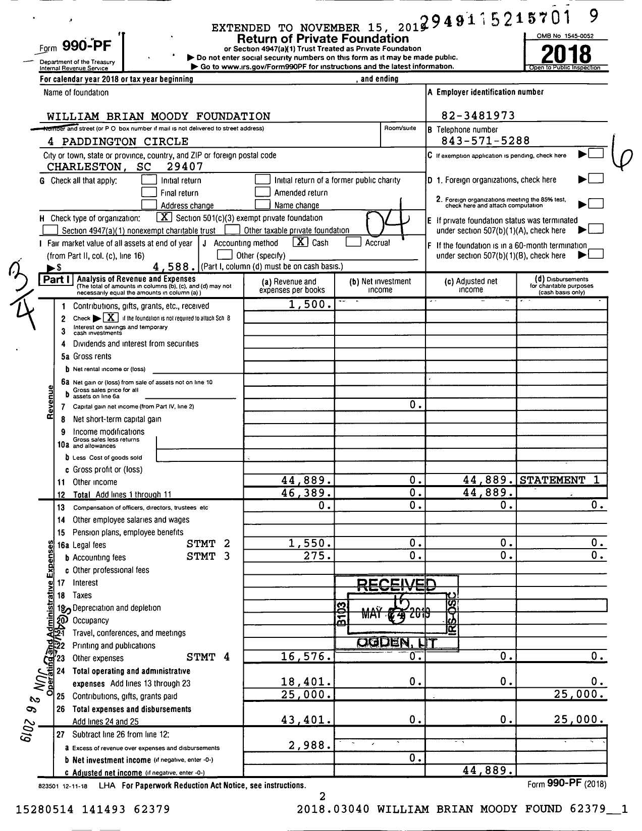 Image of first page of 2018 Form 990PF for William Brian Moody Foundation