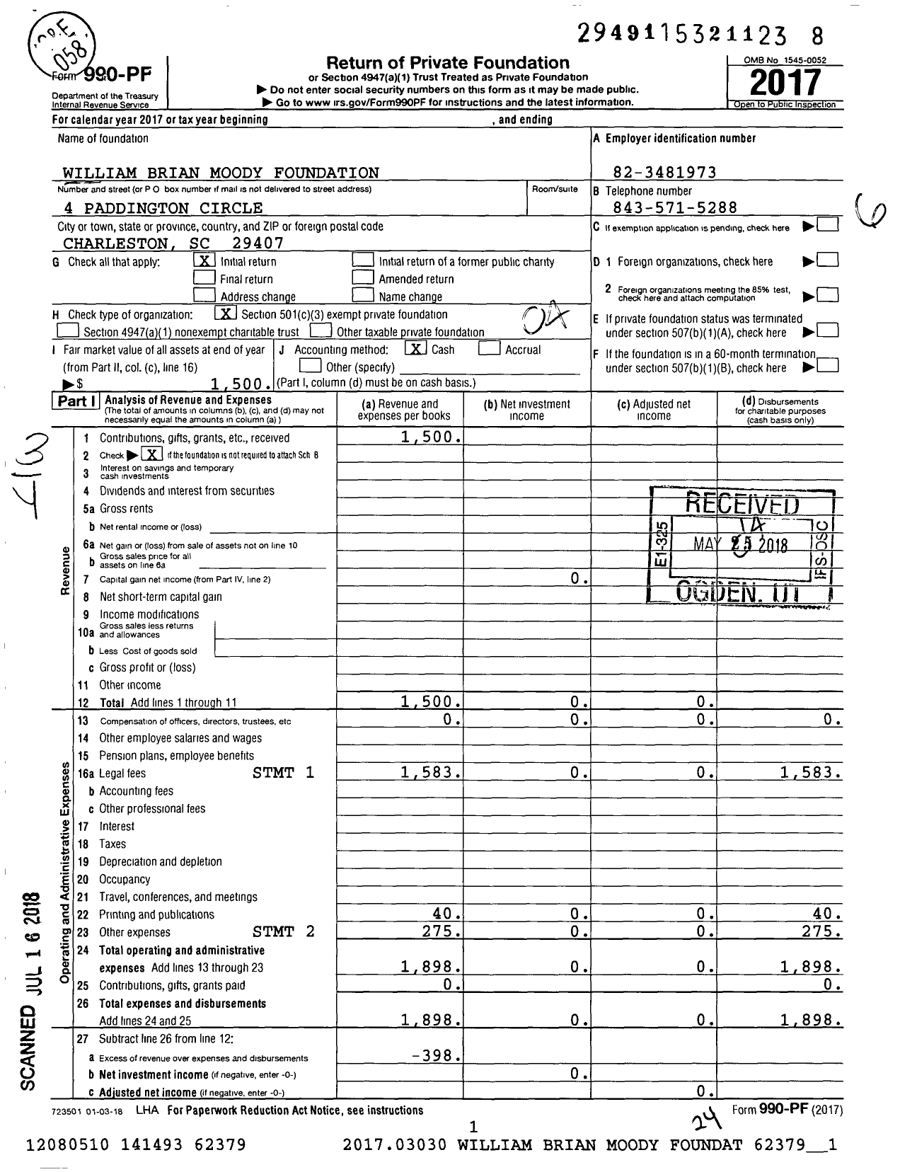 Image of first page of 2017 Form 990PF for William Brian Moody Foundation