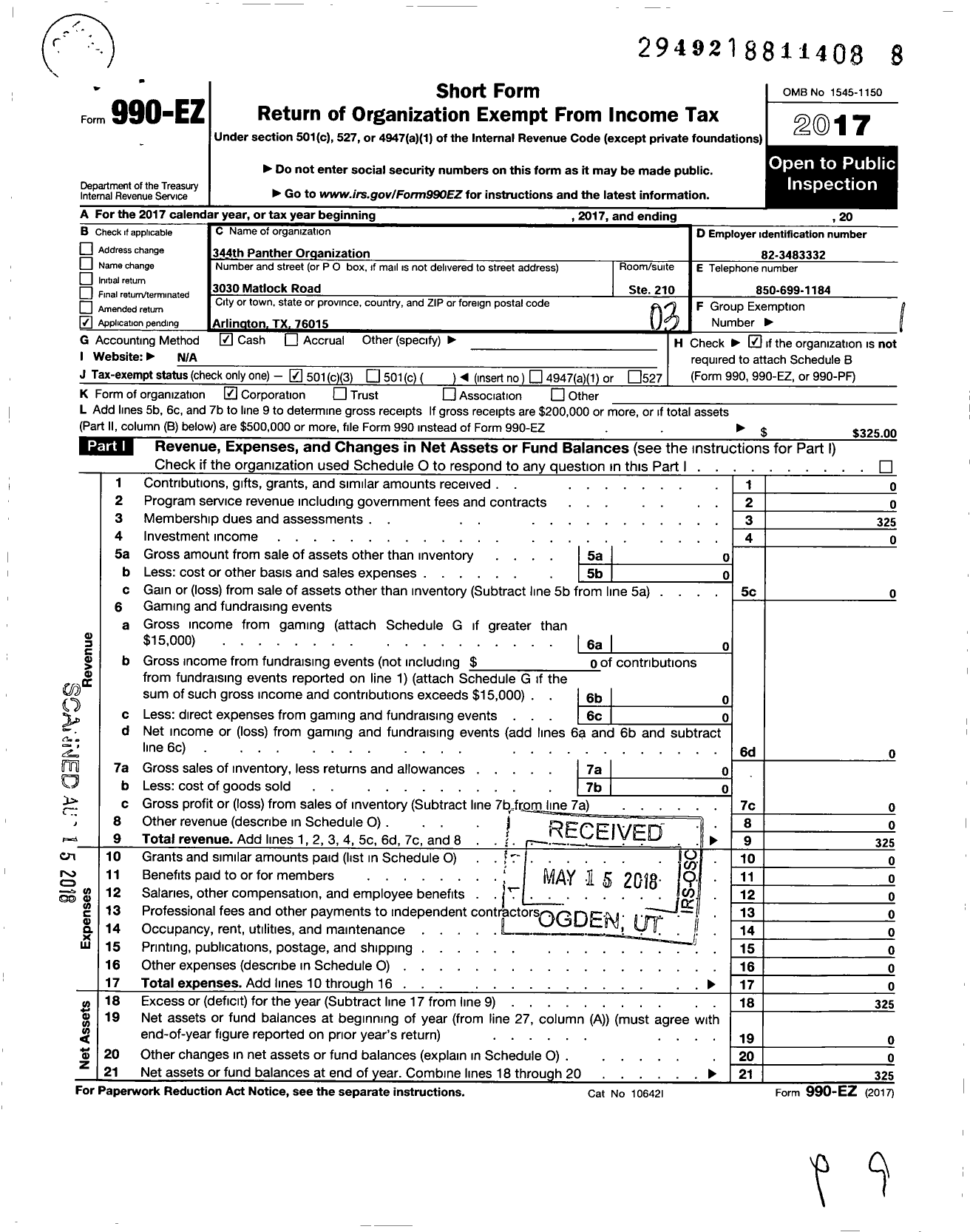 Image of first page of 2017 Form 990EZ for 344th Panther Organization