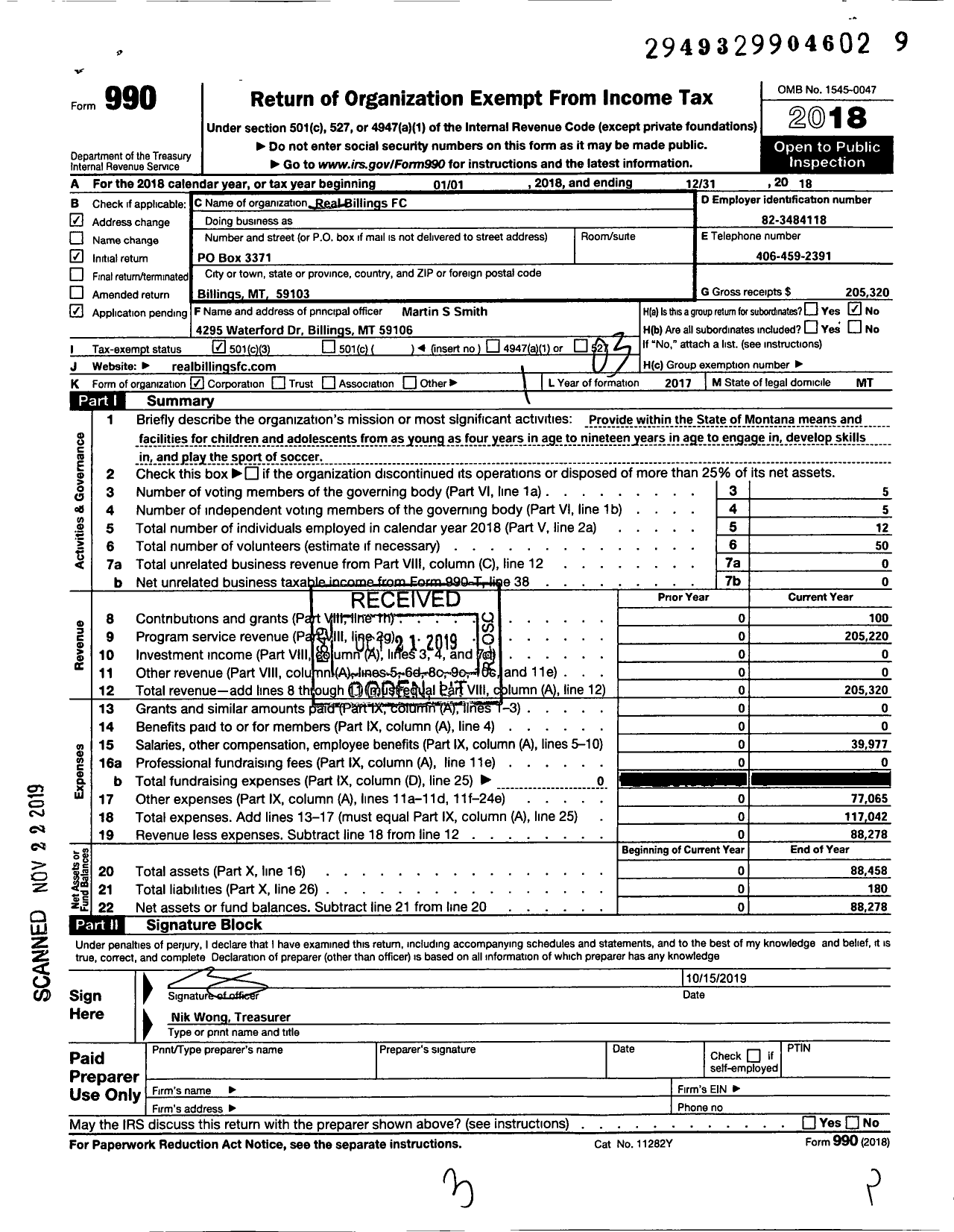 Image of first page of 2018 Form 990 for Real Billings FC