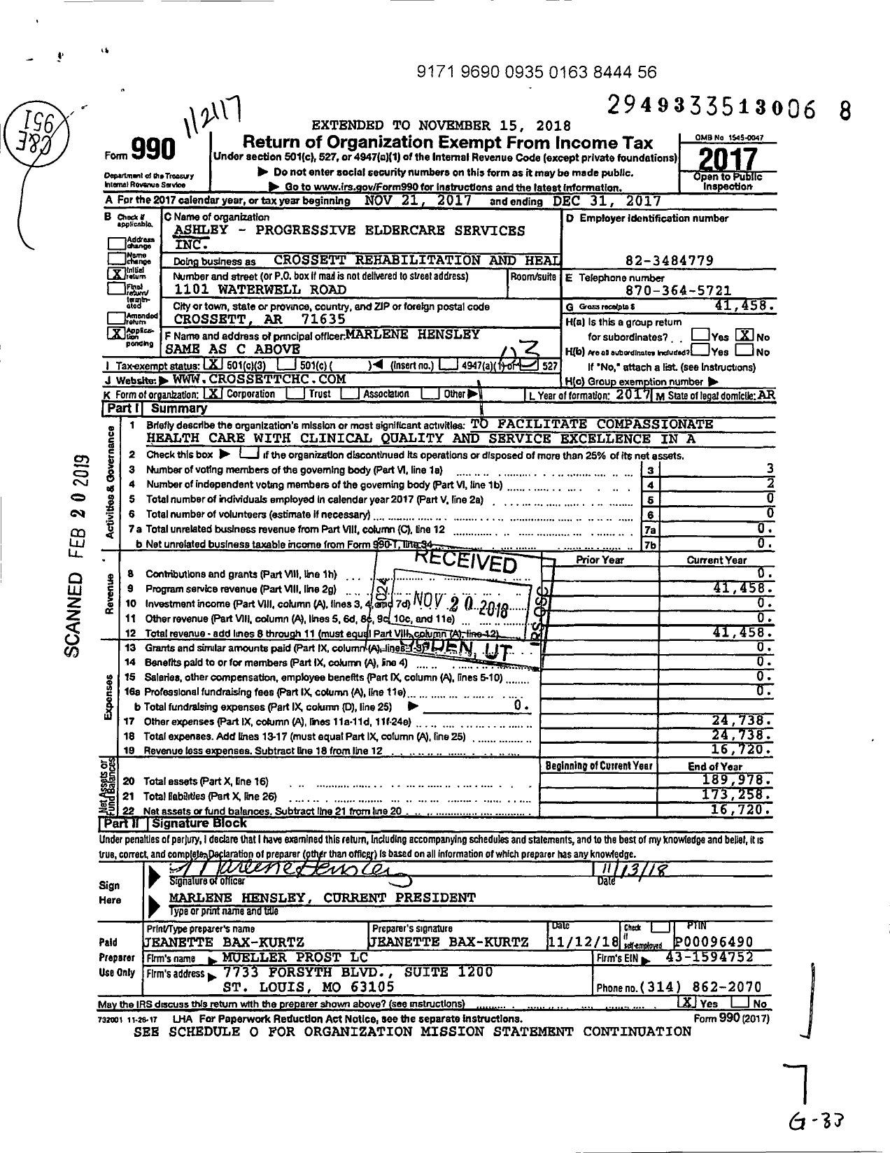 Image of first page of 2017 Form 990 for Somerset Senior Living at Crossett