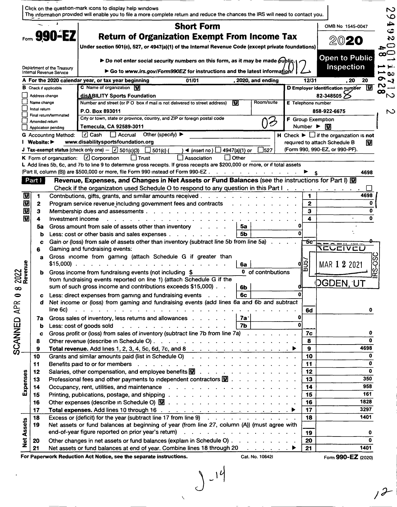 Image of first page of 2020 Form 990EZ for Disability Sports Foundation