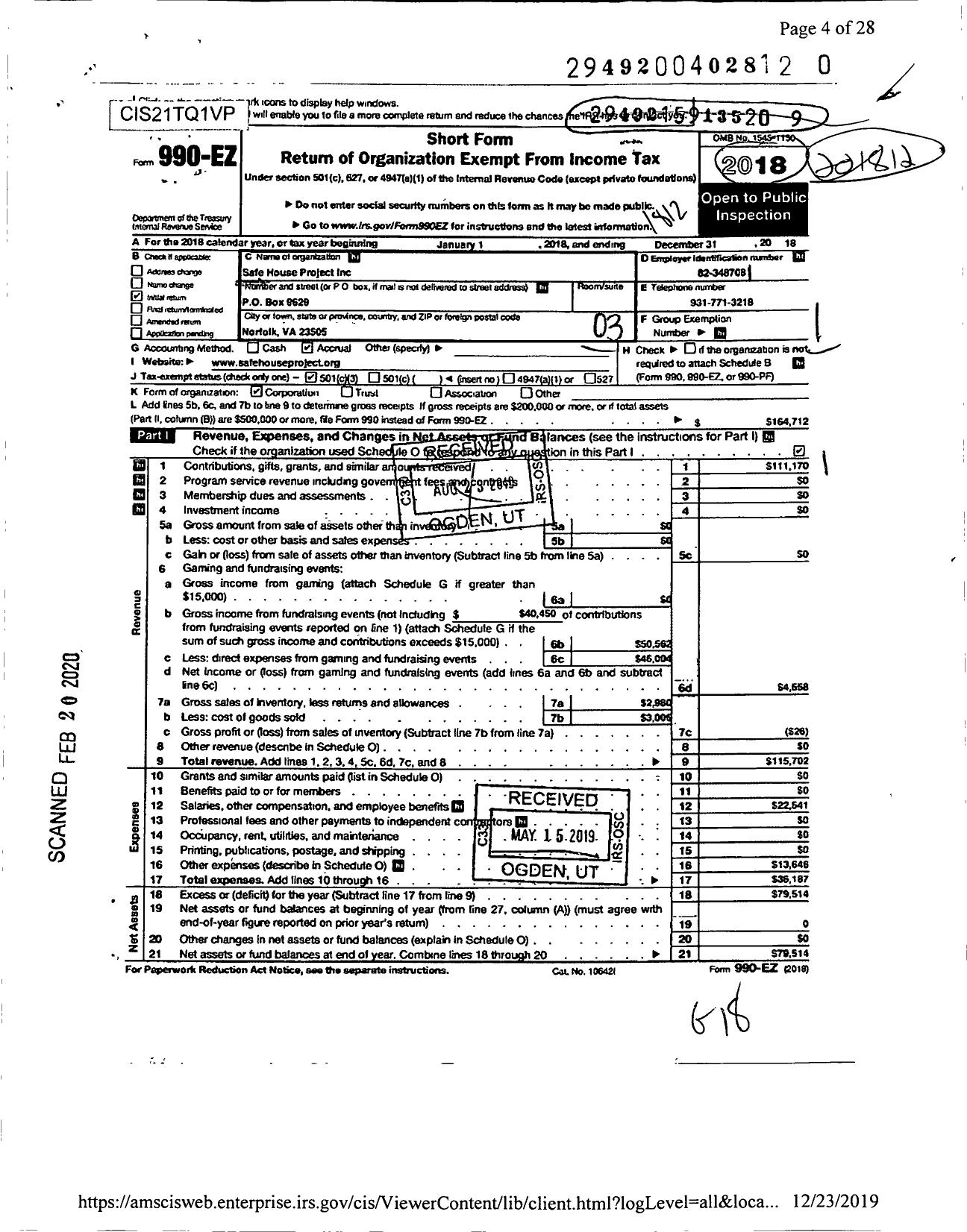 Image of first page of 2018 Form 990EZ for Safe House Project