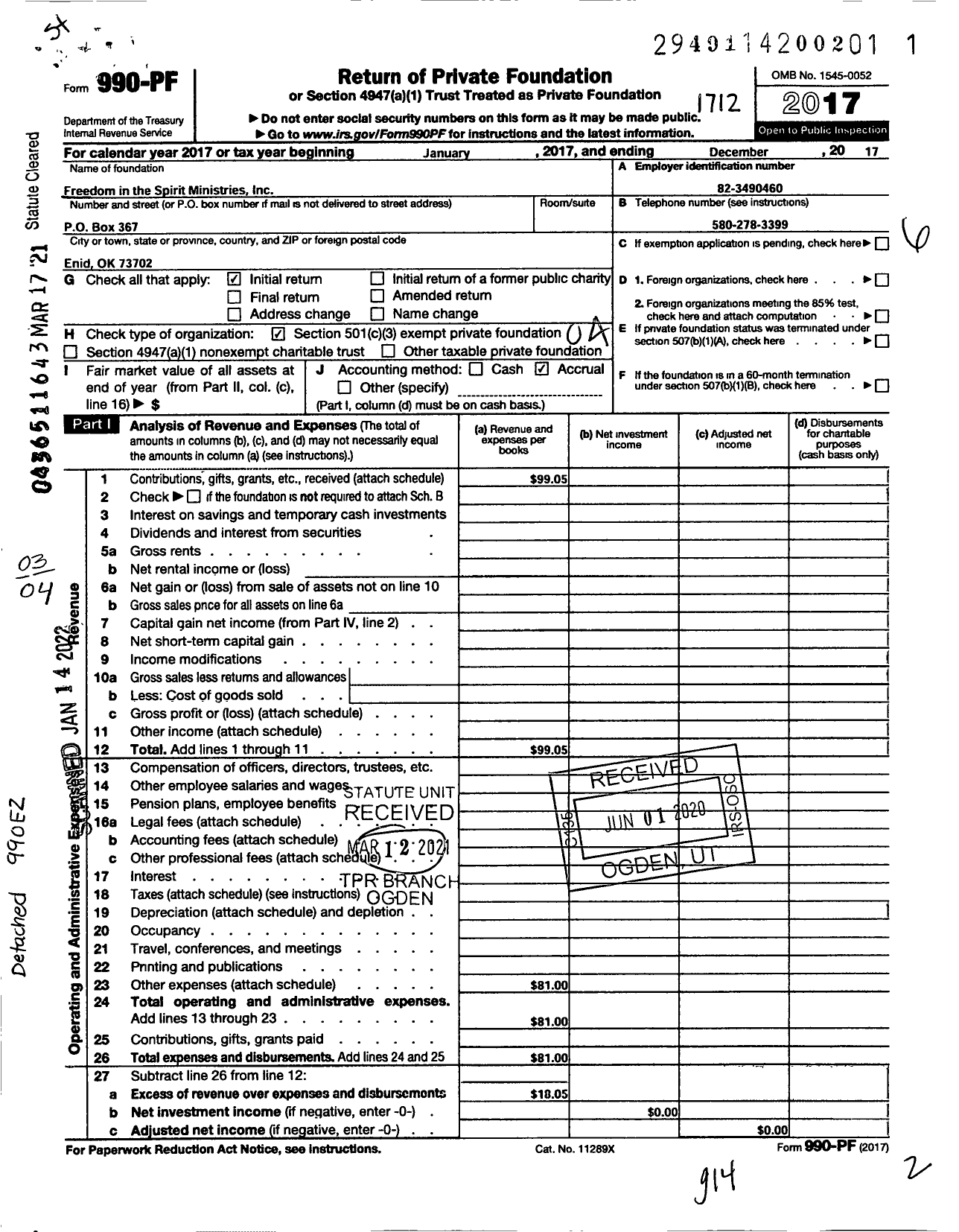 Image of first page of 2017 Form 990PF for Freedom in the Spirit Ministries