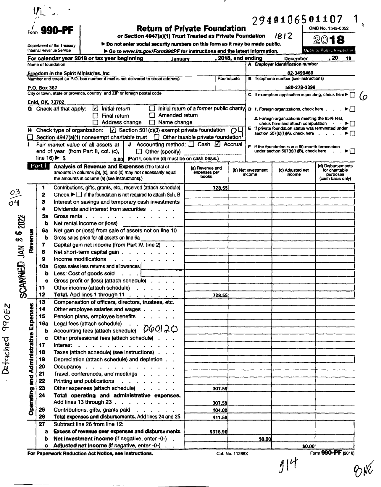 Image of first page of 2018 Form 990PF for Freedom in the Spirit Ministries