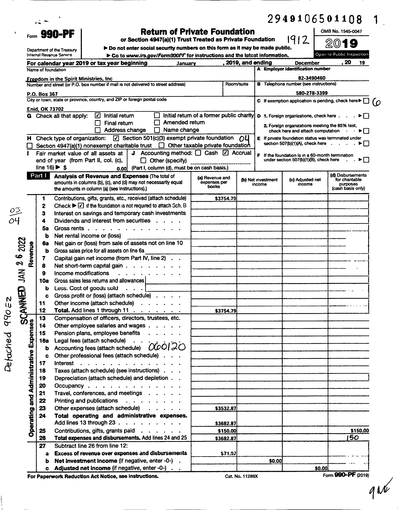 Image of first page of 2019 Form 990PF for Freedom in the Spirit Ministries