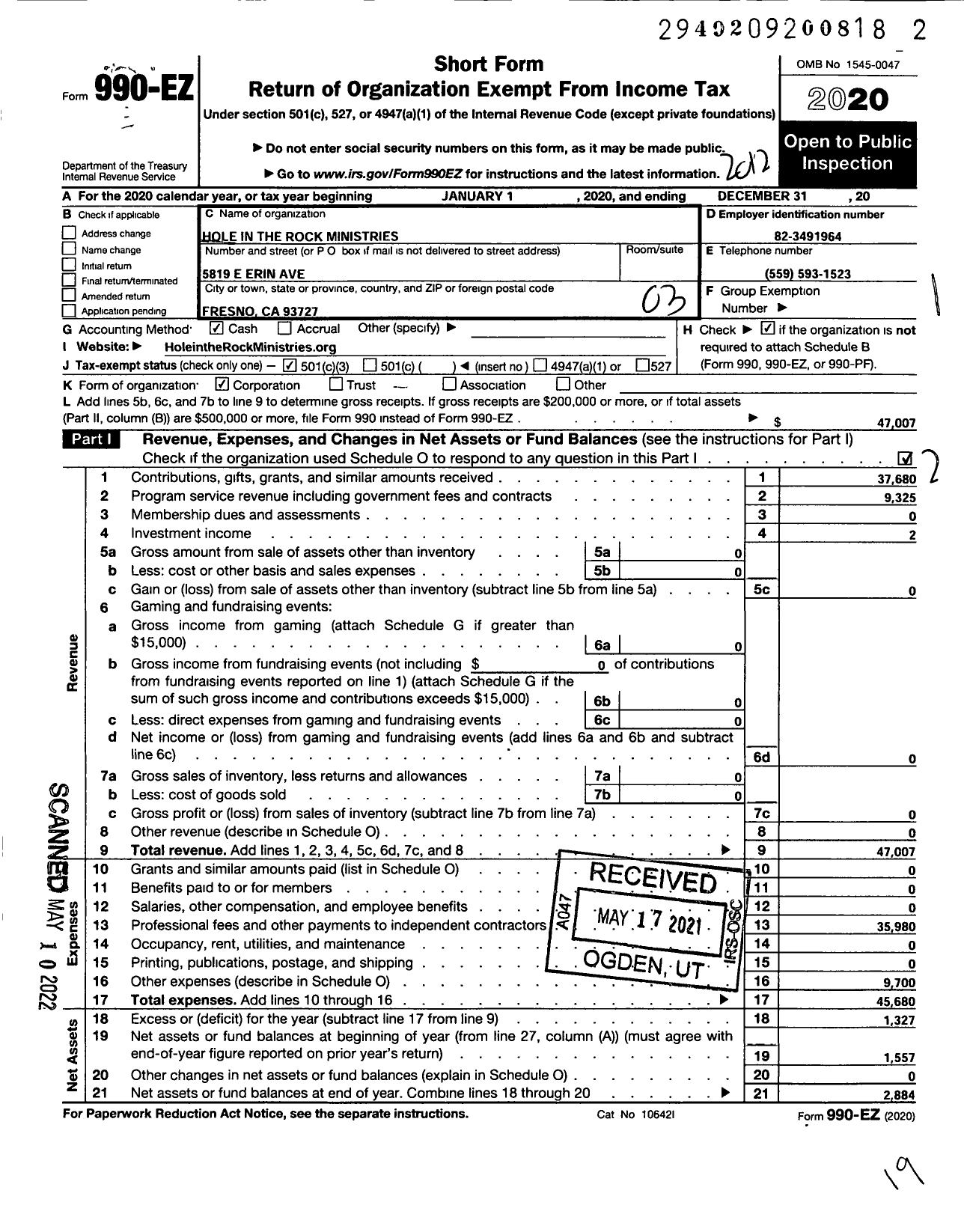 Image of first page of 2020 Form 990EZ for Hole in the Rock Ministries