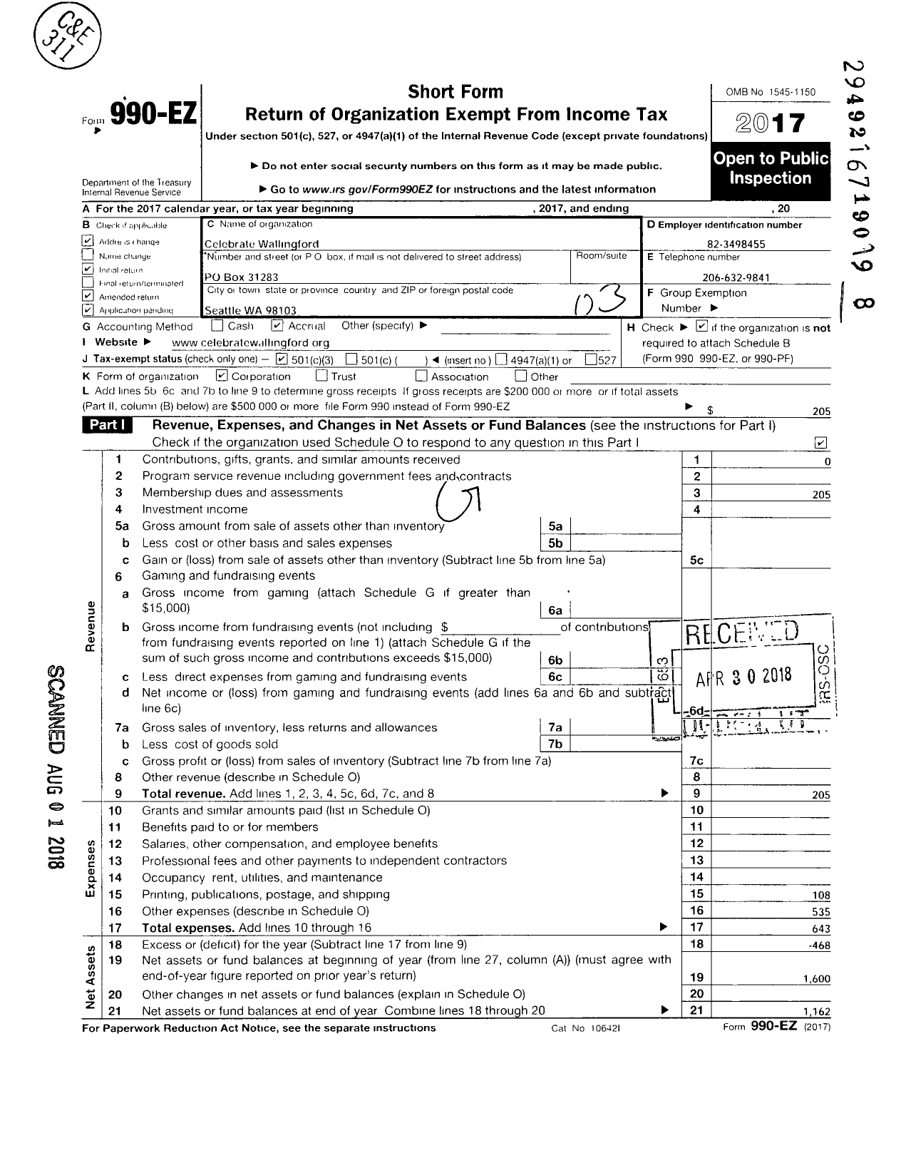 Image of first page of 2017 Form 990EZ for Celebrate Wallingford