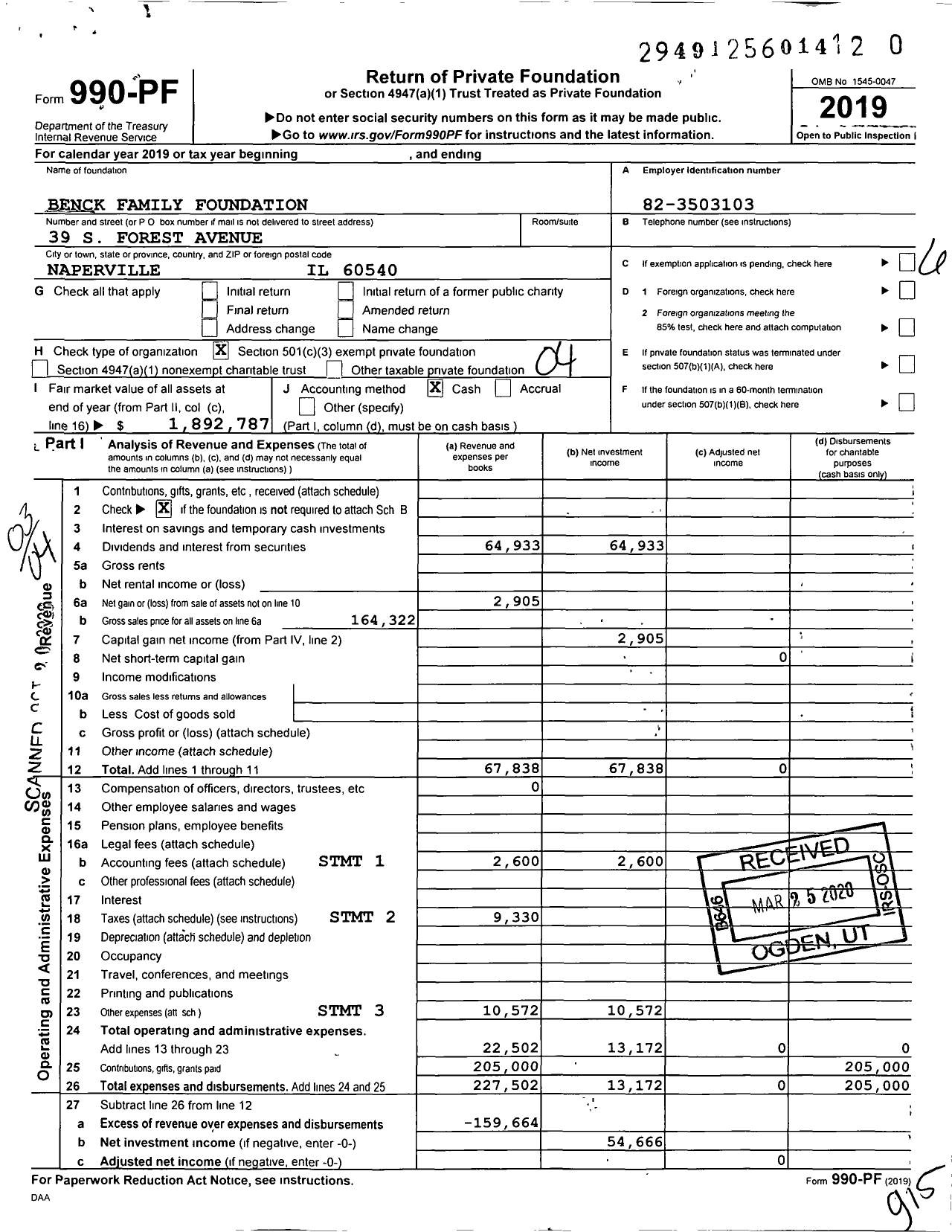 Image of first page of 2019 Form 990PR for Benck Family Foundation