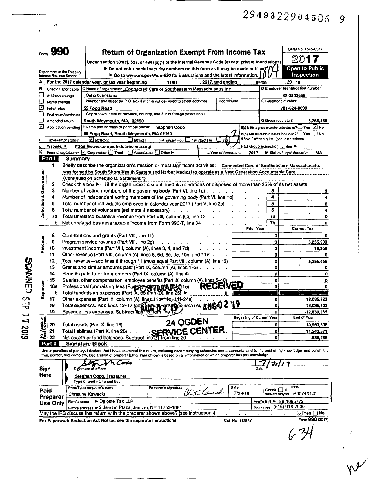 Image of first page of 2017 Form 990 for Connected Care of Southeastern Massachusetts