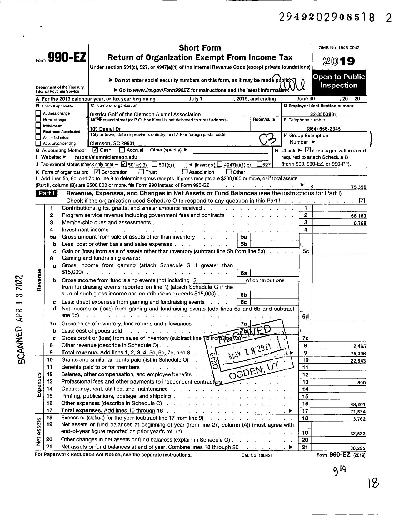 Image of first page of 2019 Form 990EZ for District Golf of the Clemson Alumni Association