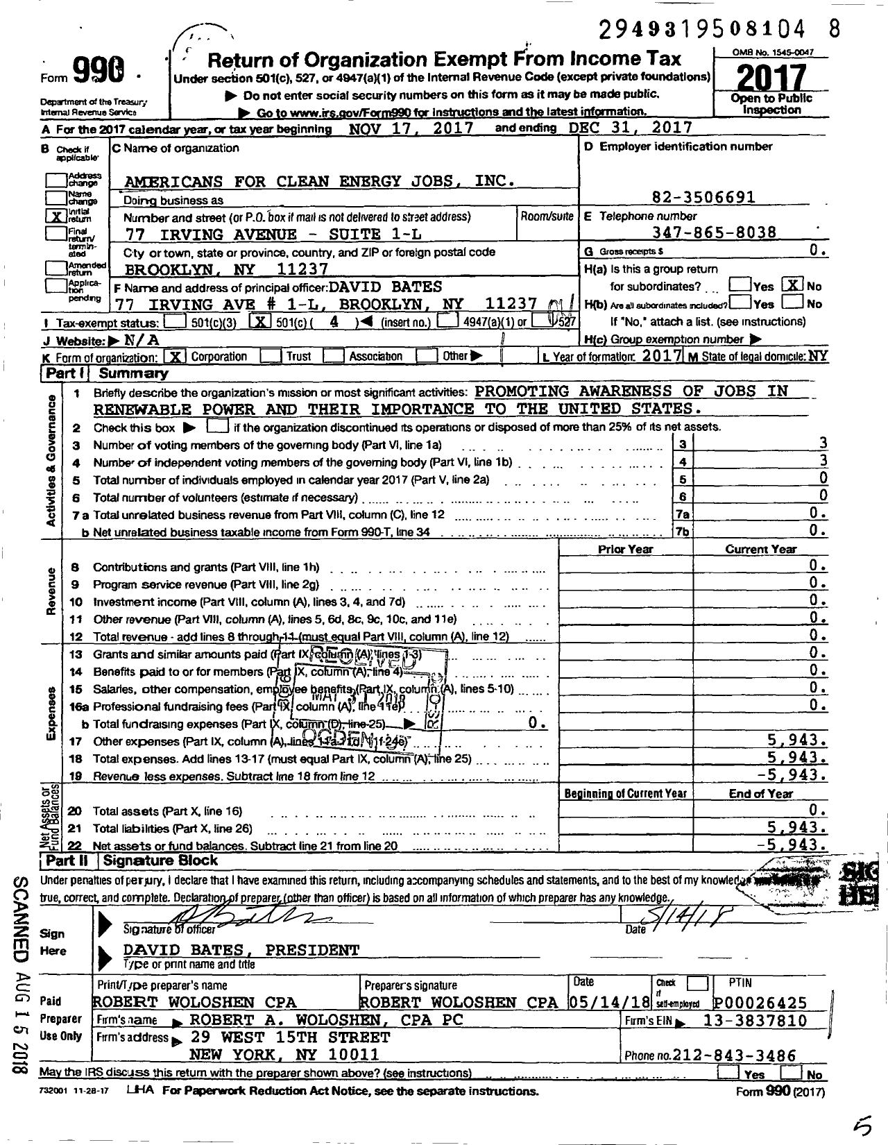 Image of first page of 2017 Form 990O for Americans for Clean Energy Jobs