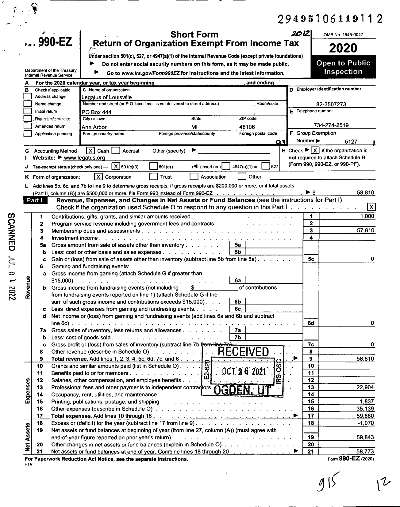 Image of first page of 2020 Form 990EZ for Legatus of Louisville