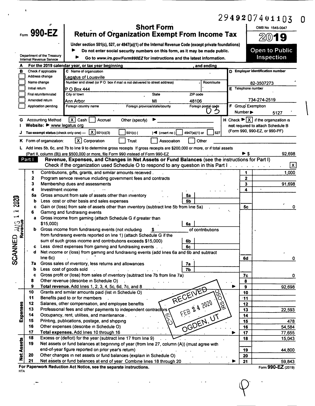 Image of first page of 2019 Form 990EZ for Legatus of Louisville